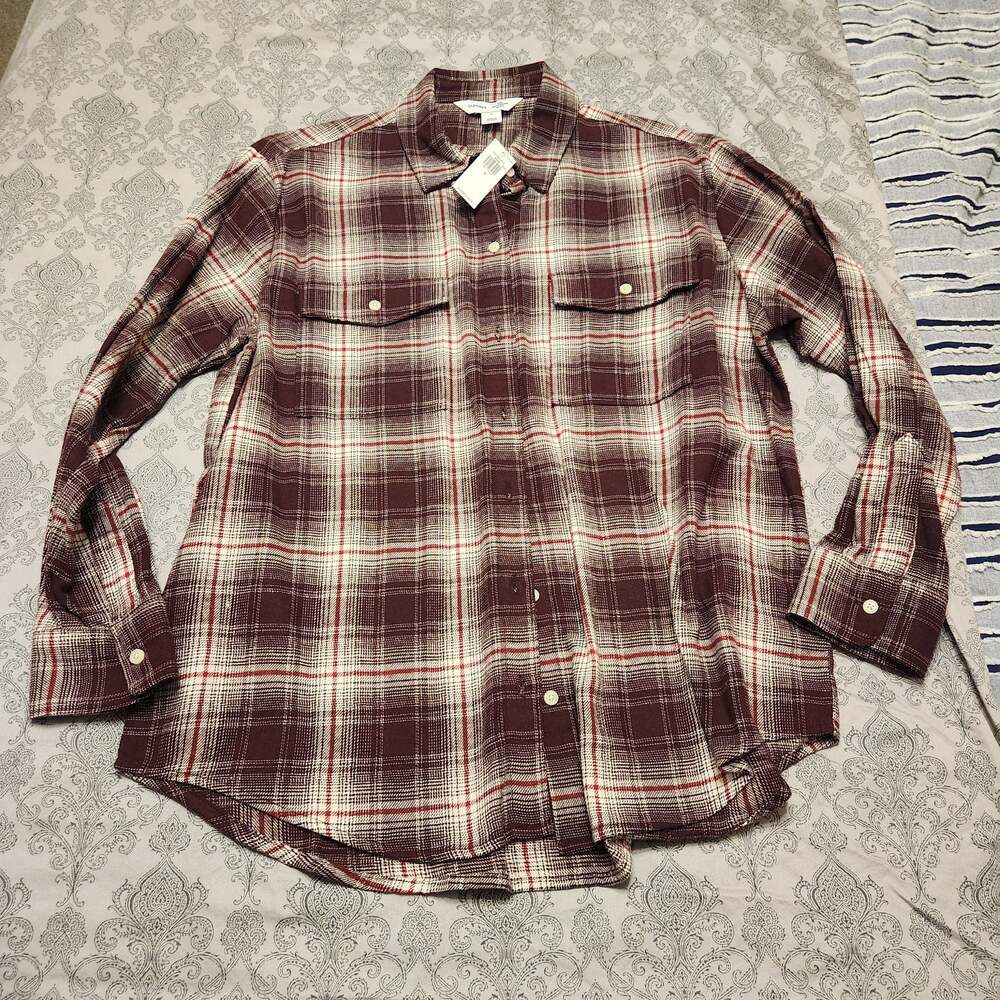 Old Navy Women's Long Sleeve Plaid Flannel Boyfriend Shirt Maroon Red